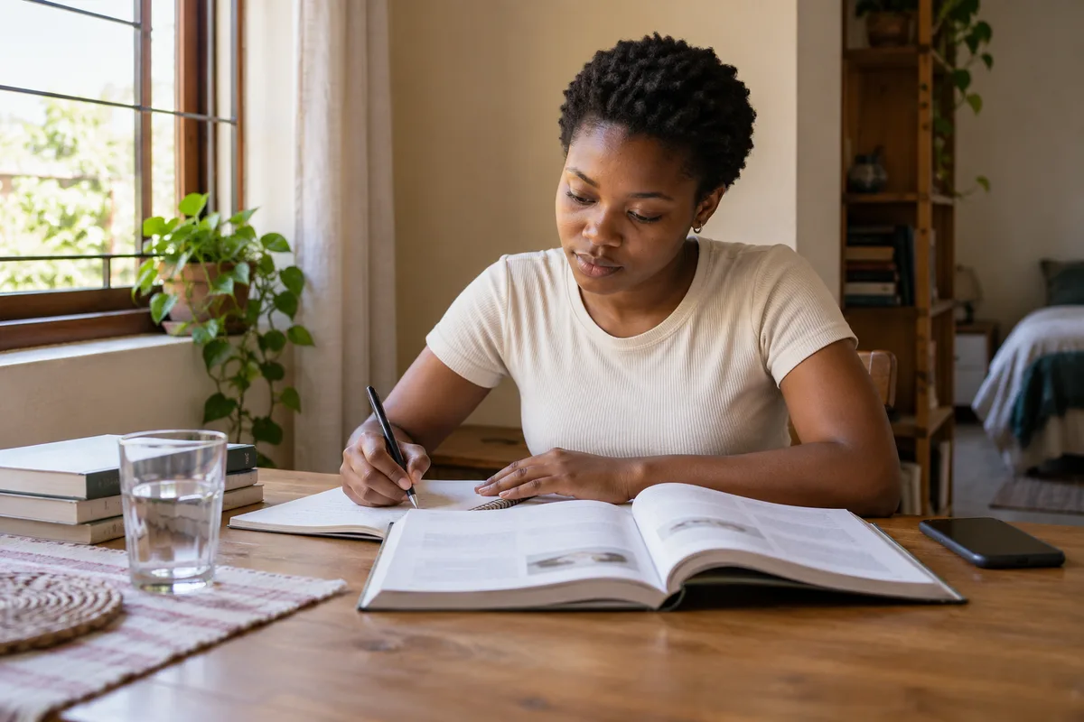 A student working through her notes at a table by a window